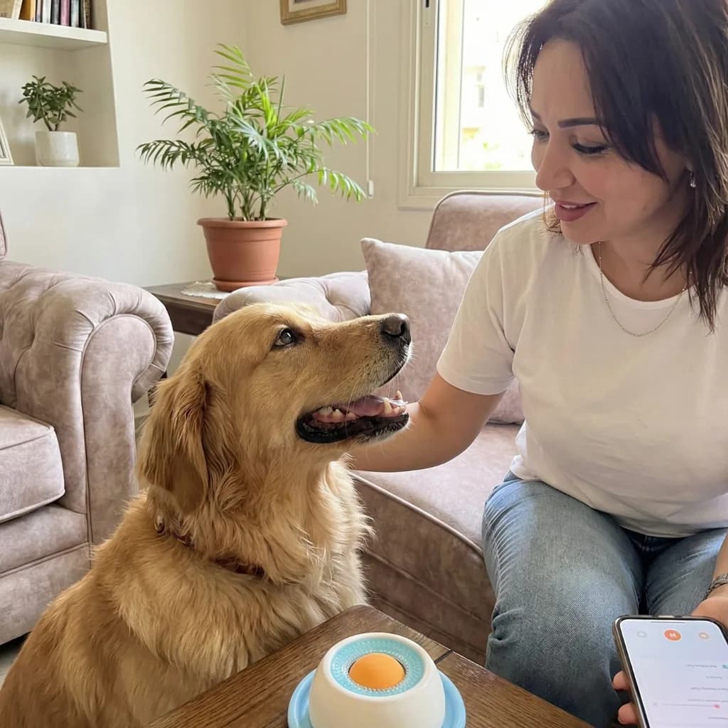 Golden retriever sitting near the Treat Dispensing Ball