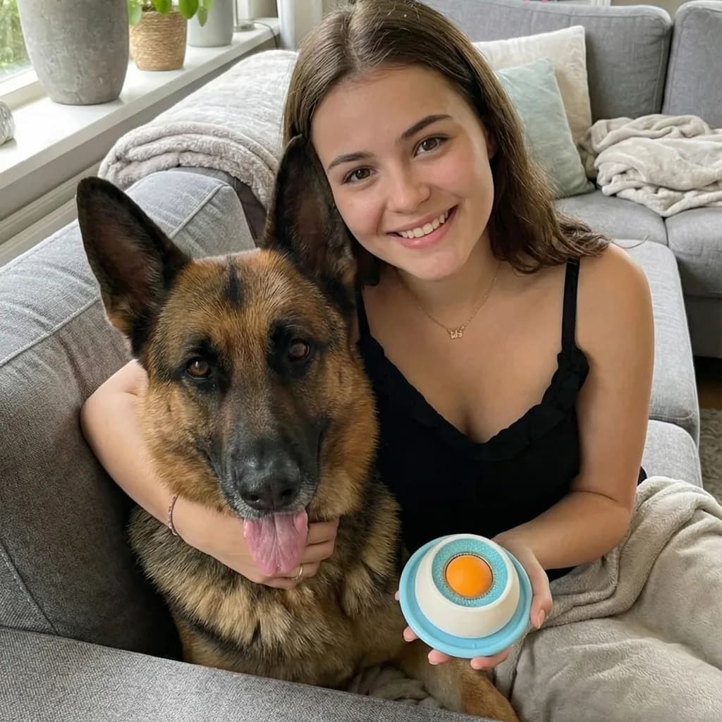 Dog owner holding the Treat Dispensing Ball next to her dog