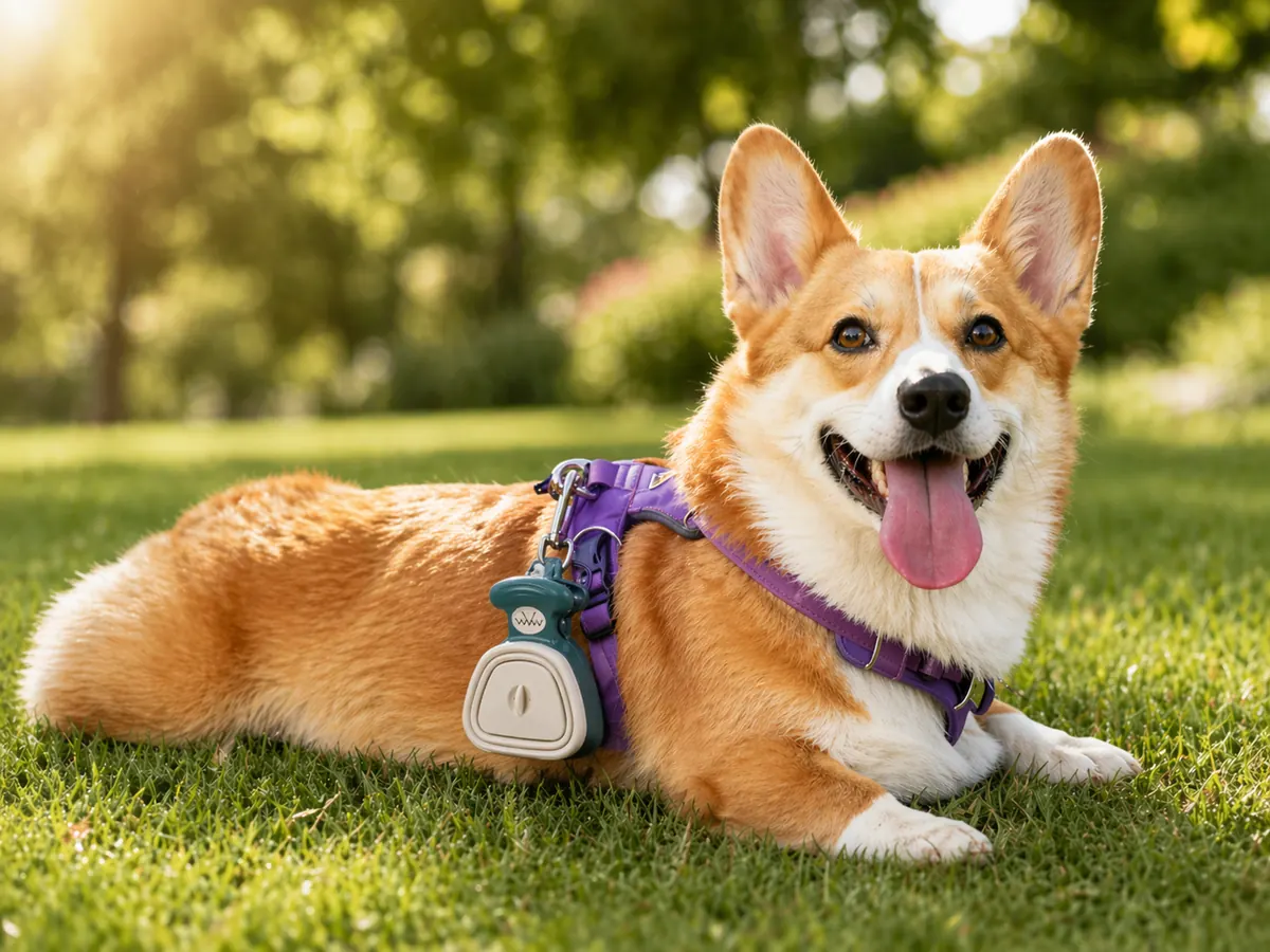 Dog Pooper Picker clipped to a dog harness during an outdoor walk
