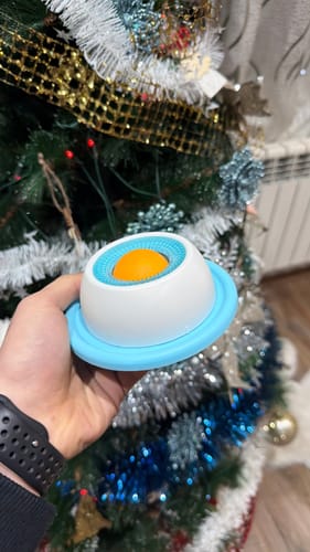 Customer photo of the Treat Dispensing Ball held near a decorated tree